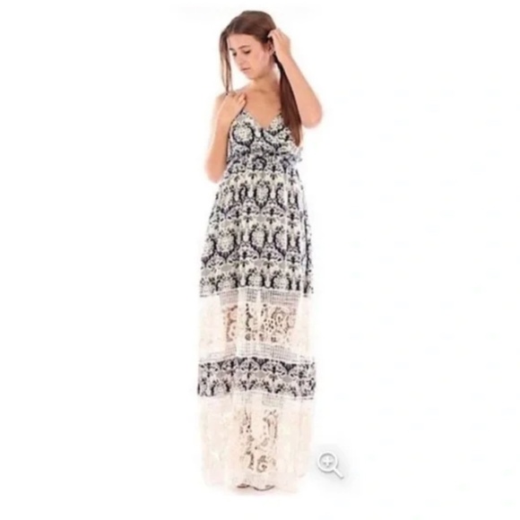 Sunday in Brooklyn Anthropologie Blue Cream and Crochets Lace Maxi Dress Size S - Picture 1 of 9